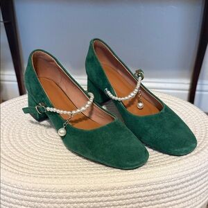 Green Suede Pearl-Strap Block Heels